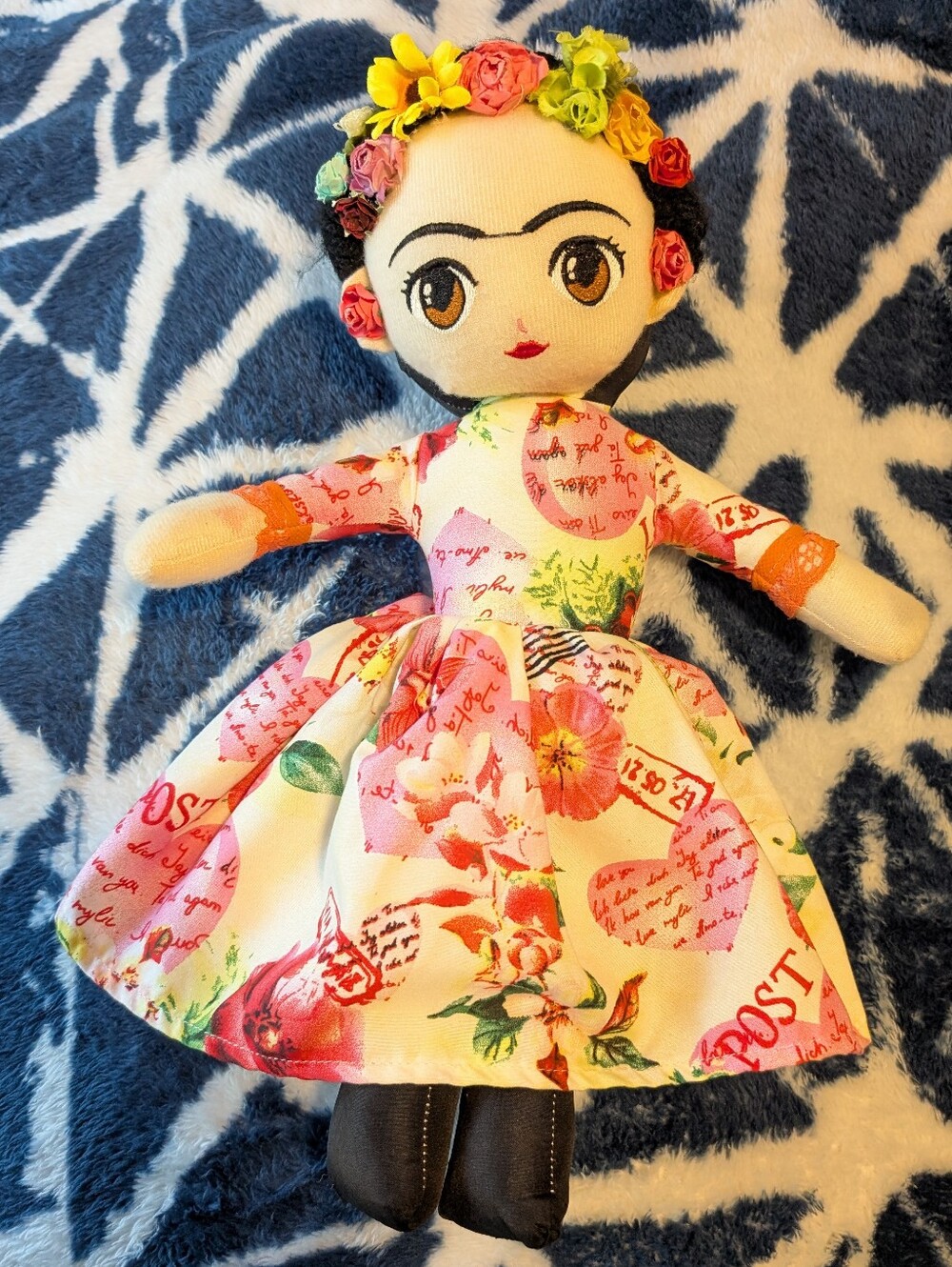 Handmade Frida Kahlo Mexican Folk Art Doll 14" Tall w/ Floral Headpiece & Dress